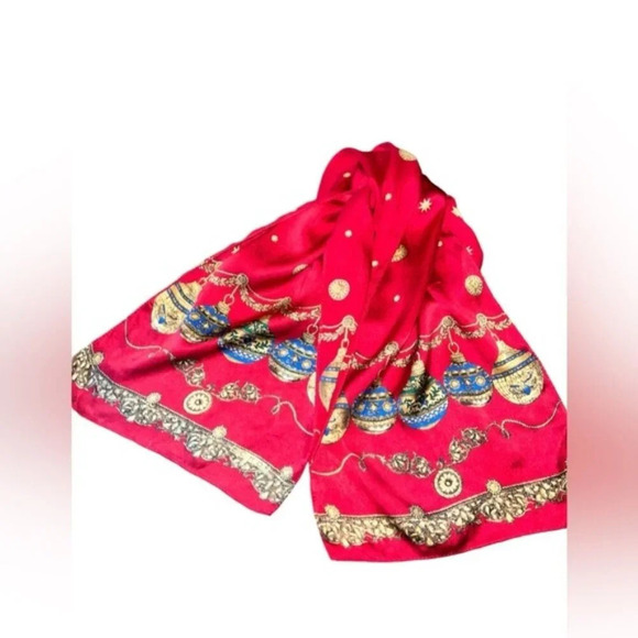 Echo Festive Red Background with Holiday Ornaments Silk Oblong Scarf Rare - Picture 1 of 5